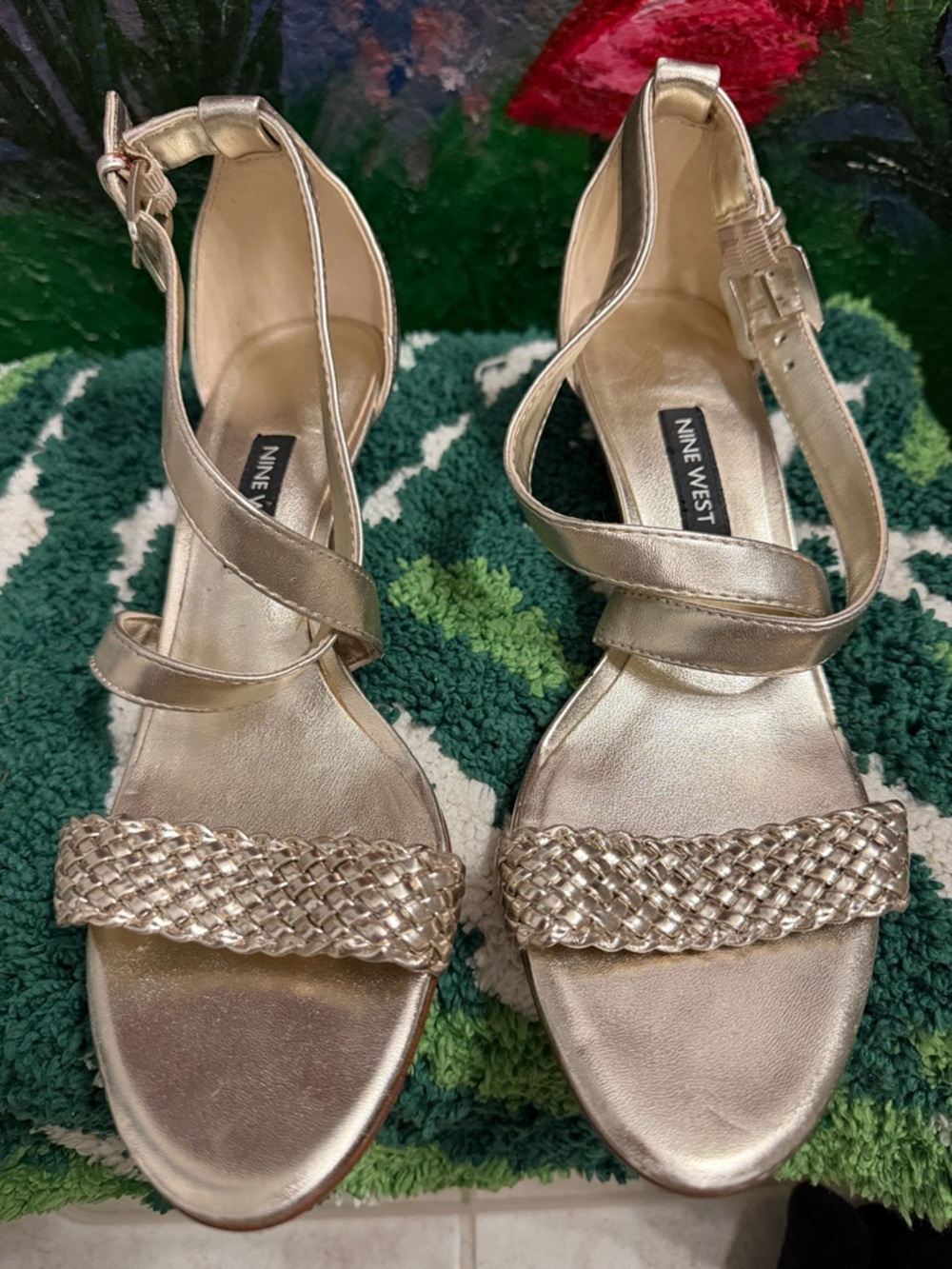 Nine West Women's 2” hills Gold Braided Ankle-Strap Sandals